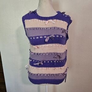 Purple and Pink Hand Knitted Sweatervest Bows Small Retro